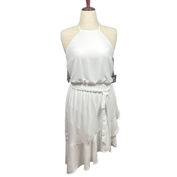 Express High Neck Asymmetrical Ruffle Wrap Fit And Flare Dress White Size Medium - Picture 1 of 8